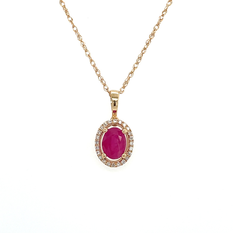 .98TGW OVAL HALO RUBY & DIAMOND PENDANT/CHAIN CONTAINING: .90CT OVAL RUBY; & 24 ROUND DIAMONDS; .08TDW; 14KY CHAIN INCLUDED