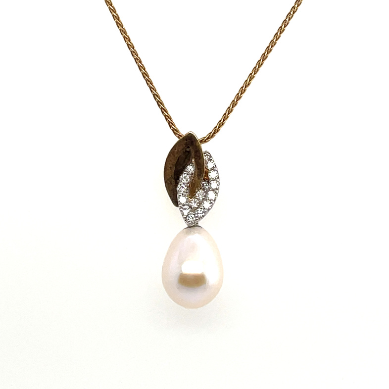 YVEL 12X14MM FRESHWATER CULTURED PEARL DROP PENDANT NECKLACE CONTAINING: 16 ROUND DIAMONDS; .23TDW; 18KY CHAIN INCLUDED
