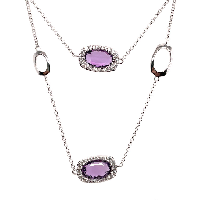 ELLE 2 OVAL AMETHYST CUSHION CZ HALO STATIONS/MULTI CUSHION STATIONS 36 NECKLACE; SILVER