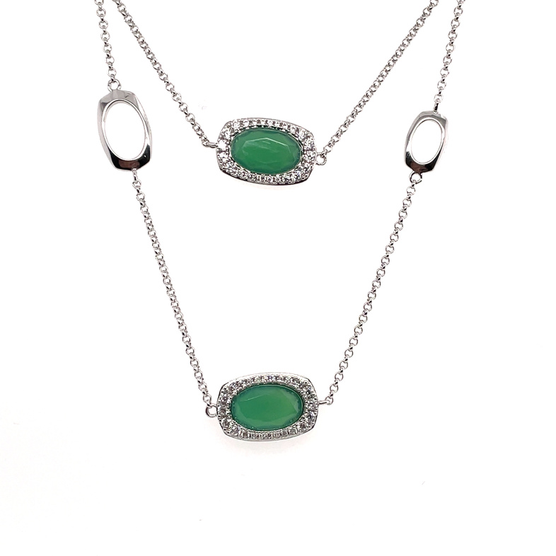 ELLE GREEN CHRYSOPRASE/CZ CUSHION STATIONS 36 NECKLACE; SILVER