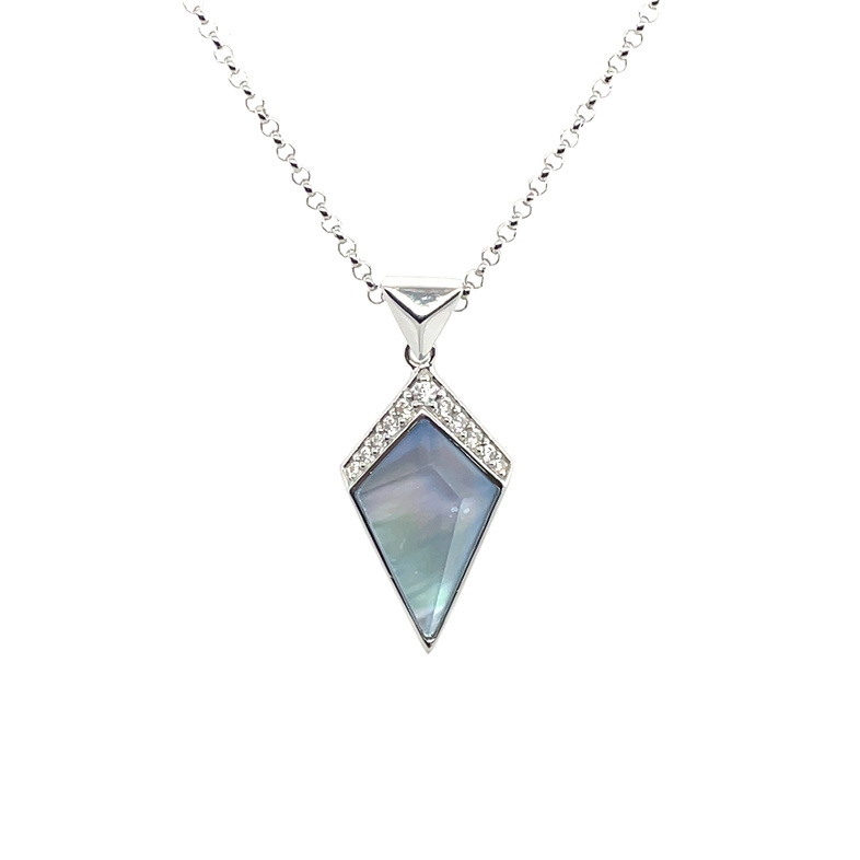 ELLE SYNTHETIC BLUE TOPAZ/WHITE MOTHER OF PEARL DOUBLET/CZ KITE-SHAPE PENDANT/CHAIN; SILVER