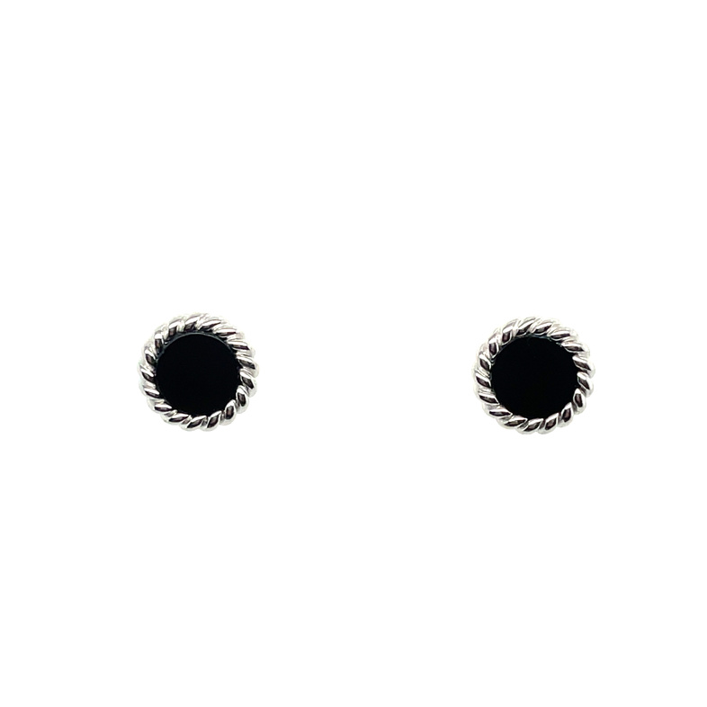 ELLE ROUND BLACK AGATE CABLE-EDGE STUD EARRINGS; SILVER