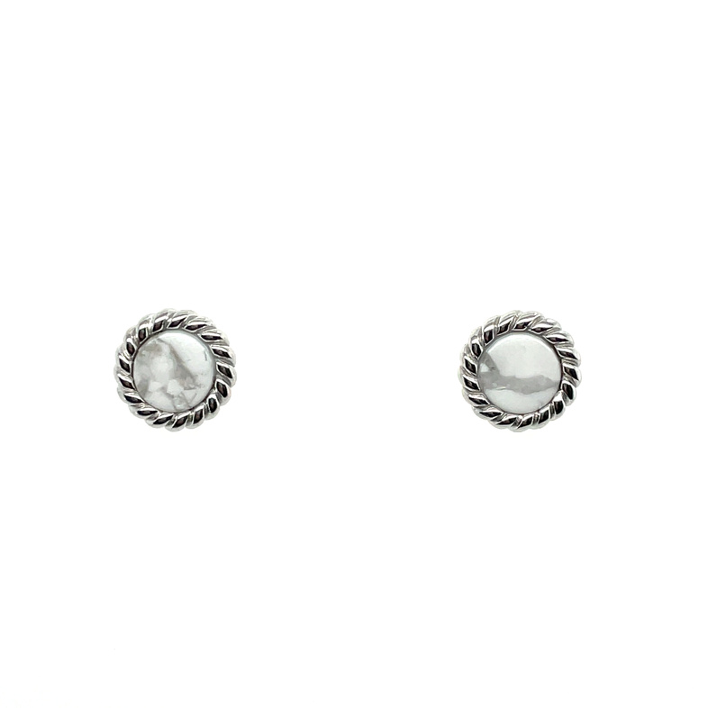 ELLE ROUND WHITE HOWLITE CABLE-EDGE STUD EARRINGS; SILVER