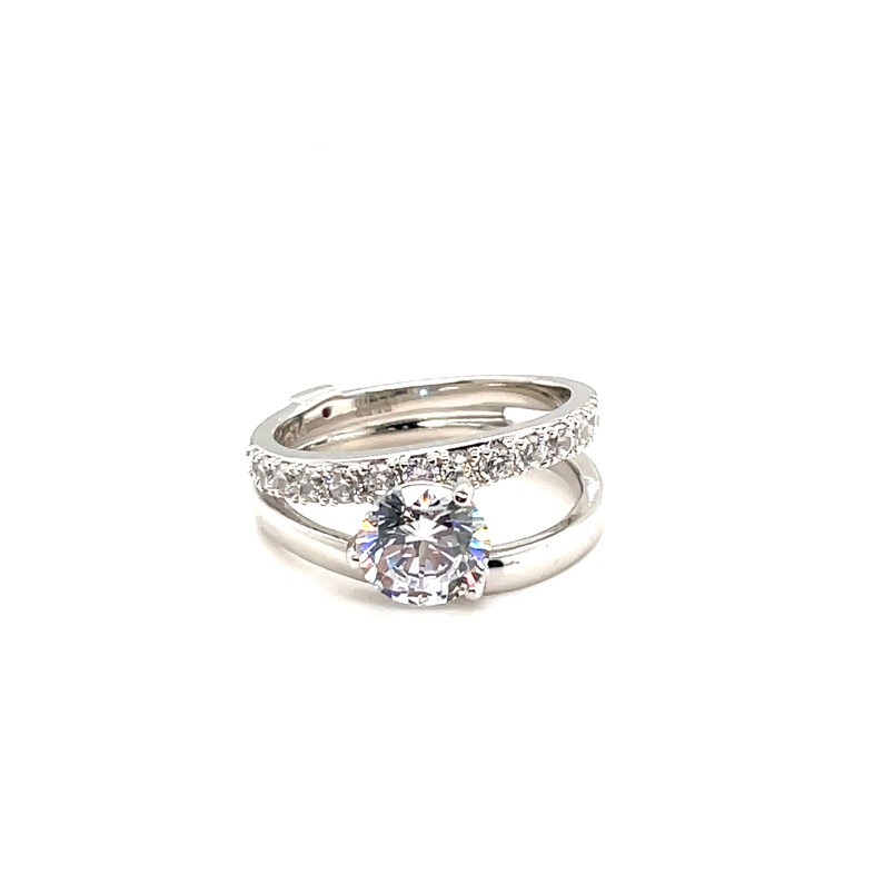 ELLE 7MM ROUND CZ CENTER/CZ BAND RING; SILVER