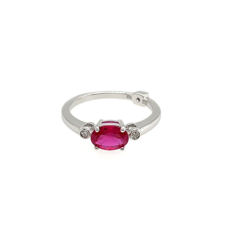 ELLE 3-STONE RING WITH 7X5MM OVAL CREATED RUBY CENTER; + 2 ROUND CREATED DIAMONDS; .015CT; SILVER