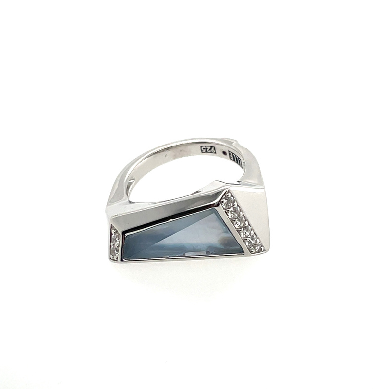 ELLE SYNTHETIC BLUE TOPAZ/WHITE MOTHER OF PEARL DOUBLET + CZ ANGLE RING; SILVER