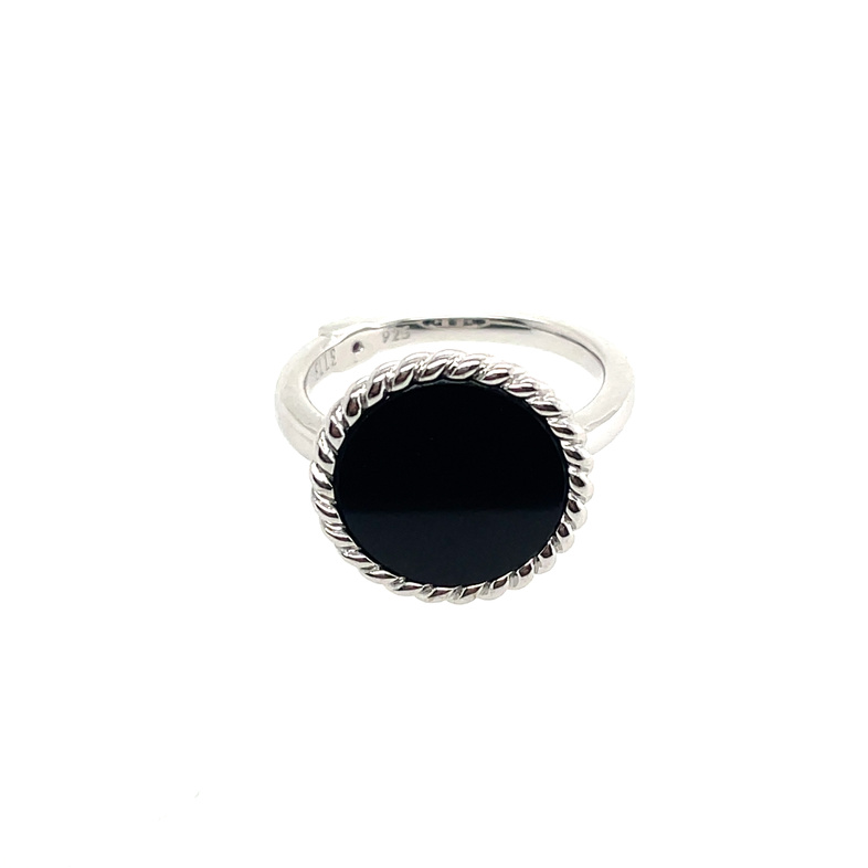 ELLE ROUND BLACK AGATE; CABLE-BEZEL RING; SILVER