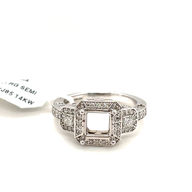 .79CTW SQUARE HALO "3-STONE" ENGAGEMENT RING SEMI MOUNTING CONTAINING 70 ROUND DIAMONDS  2 PRINCESS DIAMONDS 14KW