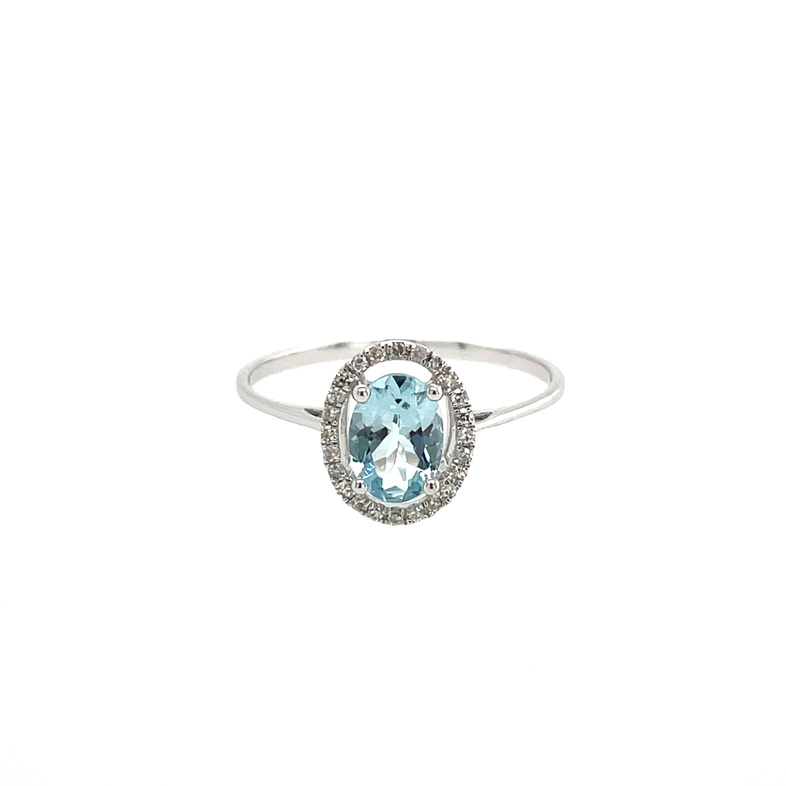 .76TGW OVAL HALO AQUAMARINE & DIAMOND RING CONTAINING: .68CT OVAL AQUAMARINE; + 24 ROUND DIAMONDS; .08TDW; 14KW
