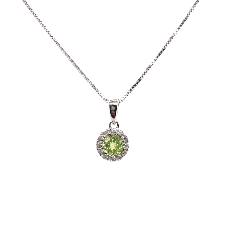 AUGUST BIRTHSTONE ROUND PERIDOT/CZ HALO PENDANT/CHAIN; SILVER CHAIN INCLUDED