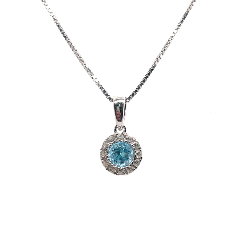 .60CT ROUND SWISS BLUE TOPAZ + 12 ROUND WHITE TOPAZ HALO PENDANT/CHAIN; SILVER CHAIN INCLUDED