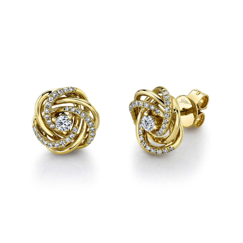 .26CTW LOVE KNOT STUD EARRINGS CONT 62 ROUND DIAMONDS 14K Y/G