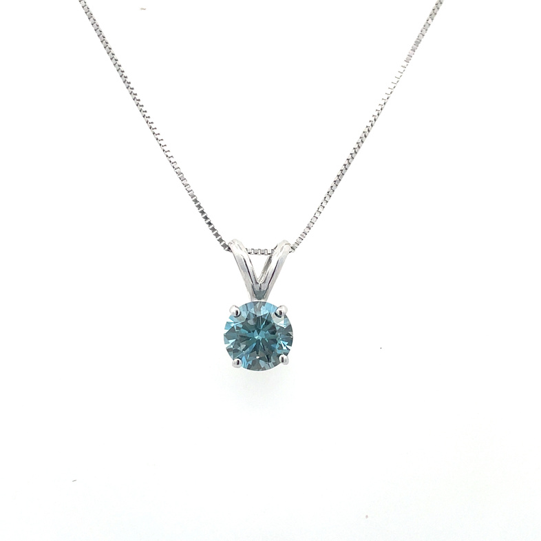 SUPER MAN MADE CREATED 1.00CT ROUND BLUE DIAMOND SOLITAIRE PENDANT/CHAIN; VS; 14KW CHAIN INCLUDED