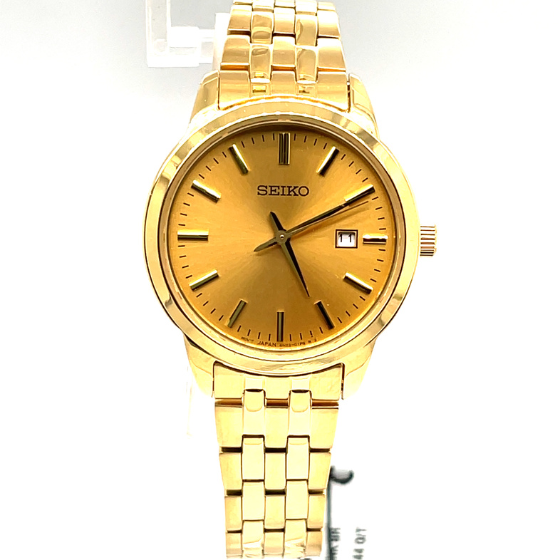 SEIKO LDS 30MM ROUND CHAMPAGNE DATE DIAL; LINK BRACELET; GOLD TONE