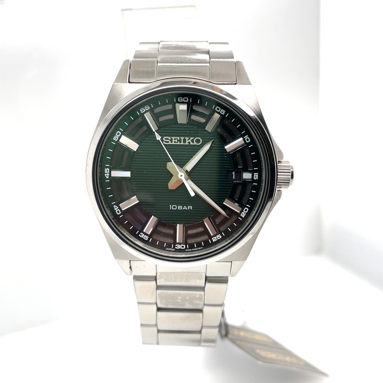 SEIKO DARK GREEN DATE DIAL WITH SILVER ACCENTS; LINK BRACELET; STAINLESS