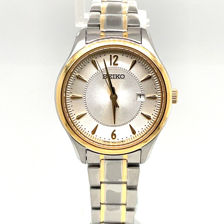 SEIKO 29.9MM TEXTURED SILVER-WHITE DATE DIAL WITH GOLD ACCENTS; LINK BRACELET; STAINLESS/GOLD TONE