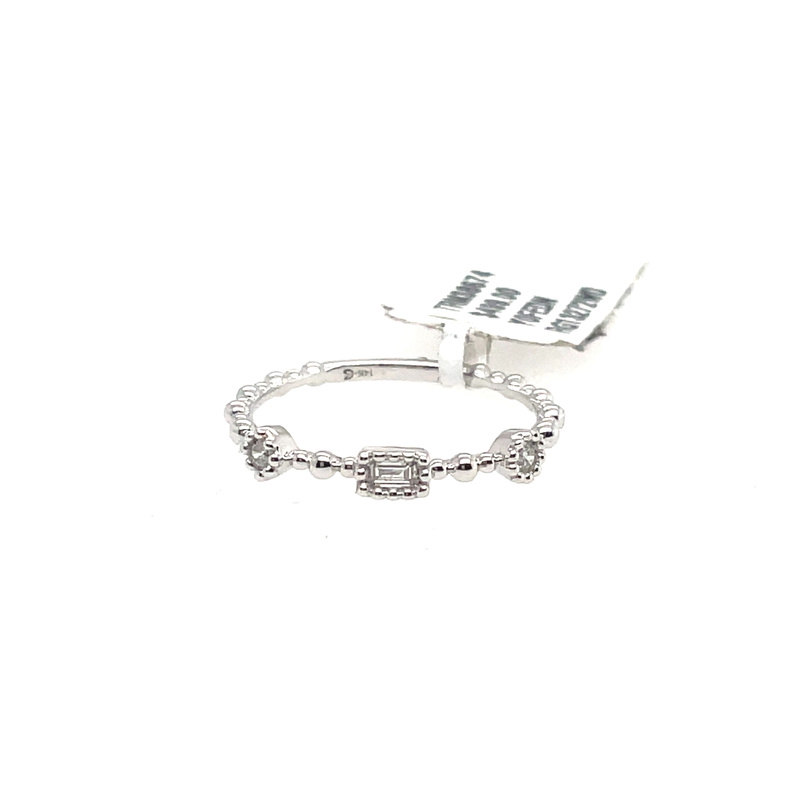 .10CTW ROUND/BAGUETTE STATIONS STACK BAND RING CONTAINING: 2 ROUND DIAMONDS; .06CTW; + .04CTW BAGUETTE DIAMOND; 14KW