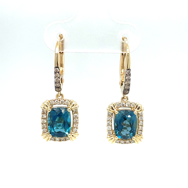 LE VIAN CUSHION HALO DANGLE LEVER-BACK EARRINGS CONTAINING:  CUSHION DEEP SEA BLUE TOPAZ; 36 ROUND NUDE HALO DIAONDS AND 10  ROUND