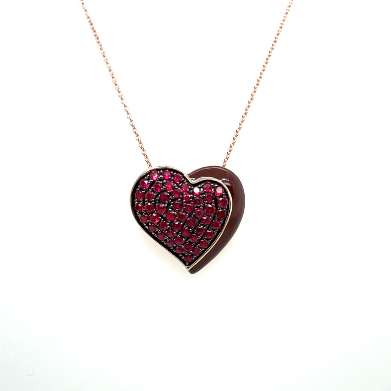 LE VIAN PAVE RUBY HEART PENDANT/CHAIN CONTAINING: 49 ROUND RUBIES; .93CTW; 14KR CHAIN INCLUDED