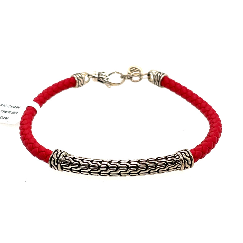 JOHN HARDY CLASSIC CHAIN SILVER STATION 4MM RED WOVEN LEATHER BRACELET; SZ M