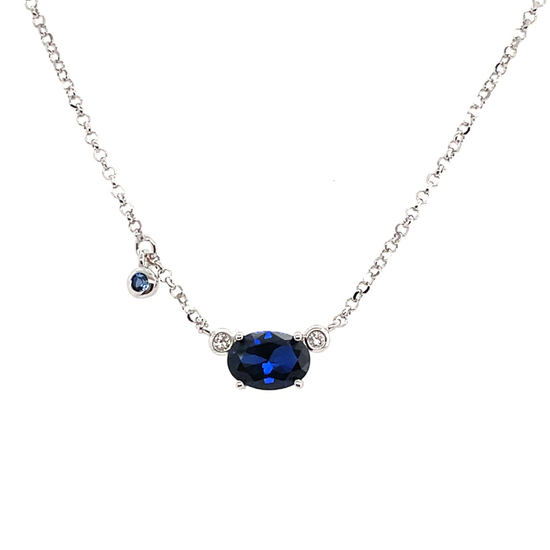 ELLE CREATED OVAL BLUE SAPPHIRE/2 LAB GROWN ROUND DIAMOND NECKLACE; SILVER CHAIN INCLUDED