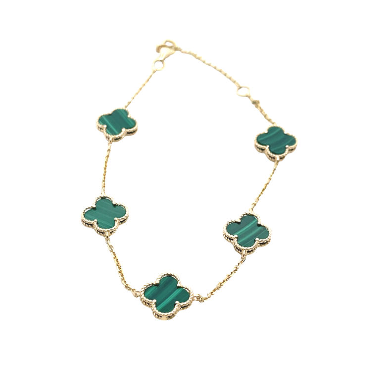 9MM CLOVER MALACHITE 5-STATON BRACELET; 14KY
