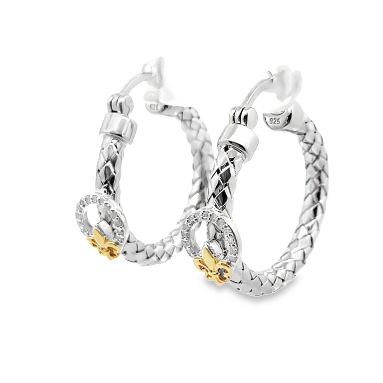 CHARLES GARNIER .10CTW DIAMOND CIRCLE/FLEUR DE LIS ACCENT ROUND HOOP EARRINGS CONTAINING: 26 ROUND DIAMONDS; I-J; I2-I3; SILVER/14KY