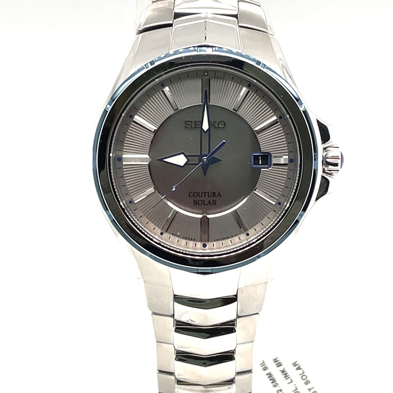 SEIKO SOLAR COUTURA 42.5MM GTS WATCH; SILVER DATE DIAL; BLUE ION FINISH BEZEL; LINK BRACELET; STAINLESS