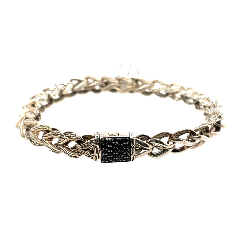 Asli Classic Chain 7Mm Link Bracelet With Black Sapphires Clasp, Size M, Silver