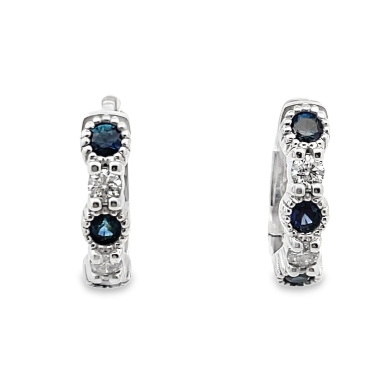 1.14TGW SAPPHIRE AND DIAMOND OVAL HOOP EARRINGS CONTAINING: 6 ROUND BEZEL-SET BLUE SAPPHIRES; .78CTW; + 4 ROUND PRONG-SET DIAMONDS; .36TDW; 14KW