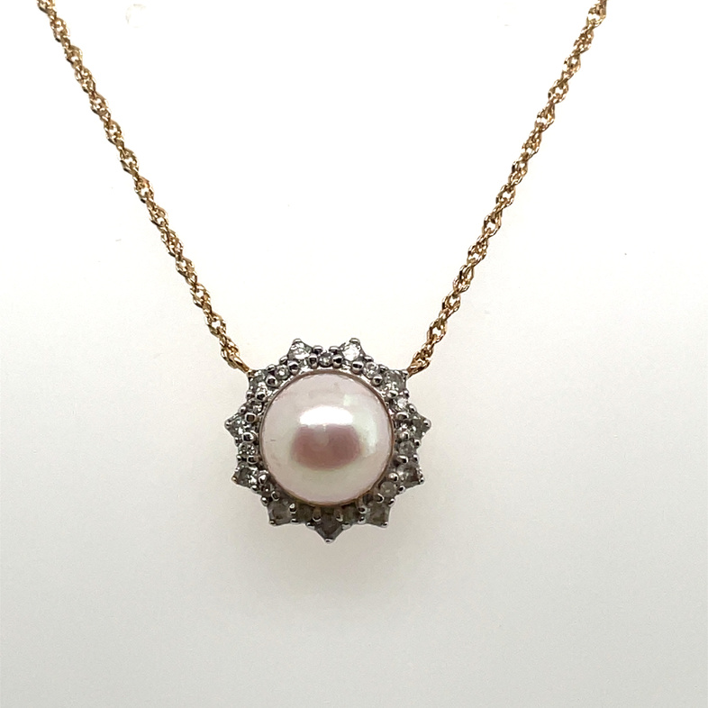 HONORA 8-8.5MM PEARL + 22 ROUND DIAMOND PENDANT/CHAIN; .24TDW; 14KY CHAIN INCLUDED