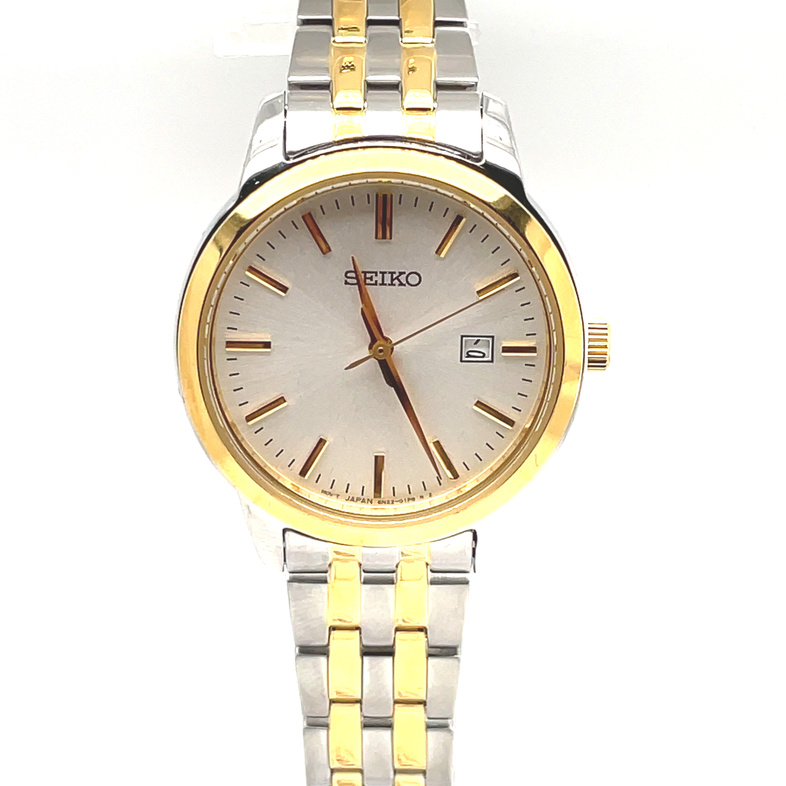 SEIKO LDS 30MM ROUND WHITE SUNRAY DATE DIAL; LINK BRACELET; STAINLESS/GOLD TONE