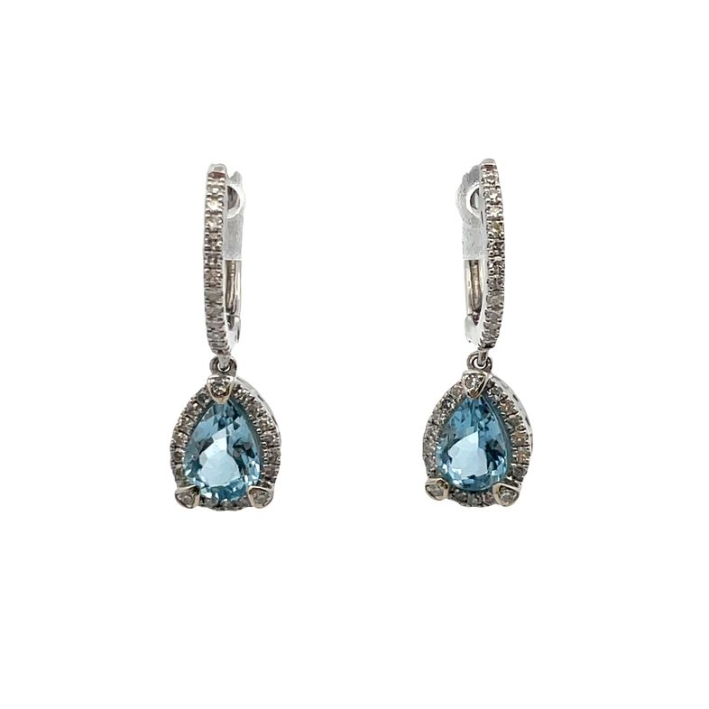 EFFY 1.54TGW AQUAMARINE AND DIAMOND TEARDROP EARRINGS CONTAINING: 2 PEAR SHAPE AQUAMARINES; 1.25CTW; + 60 ROUND HOOP/HALO DIAMONDS; .29TDW; 14KW