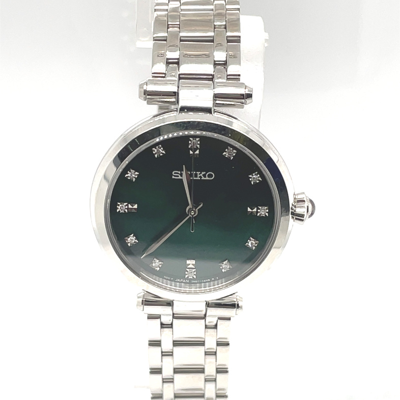 SEIKO 30MM ROUND GREEN MOTHER OF PEARL 12 ROUND DIAMOND DIAL WATCH; LINK BRACELET; STAINLESS