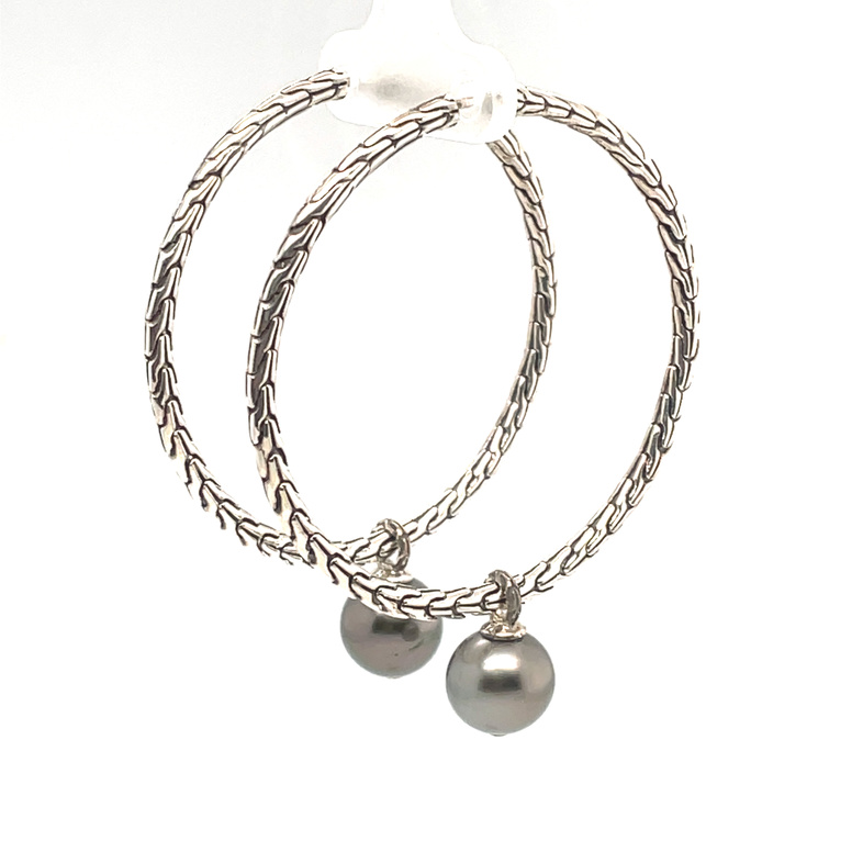 Classic Chain 9.5-10Mm Tahitian Pearl Dangle Round Hoop Earrings, Silver
