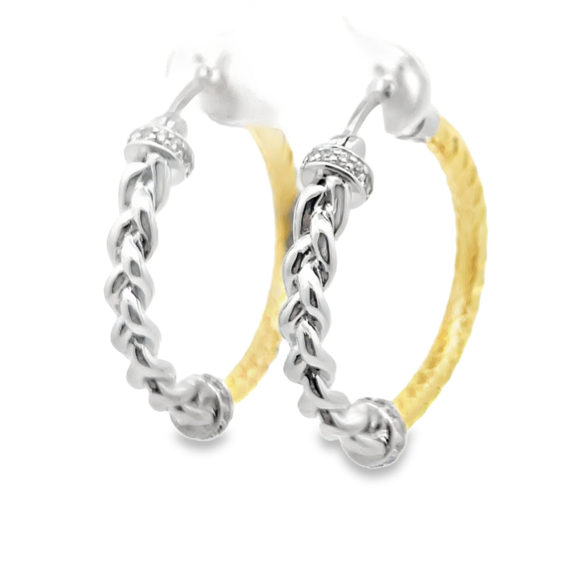 CHARLES GARNIER SILVER BRAID FRONT/CZ ACCENT GOLD TONE ROUND HOOP EARRINGS; SILVER/GOLD TONE
