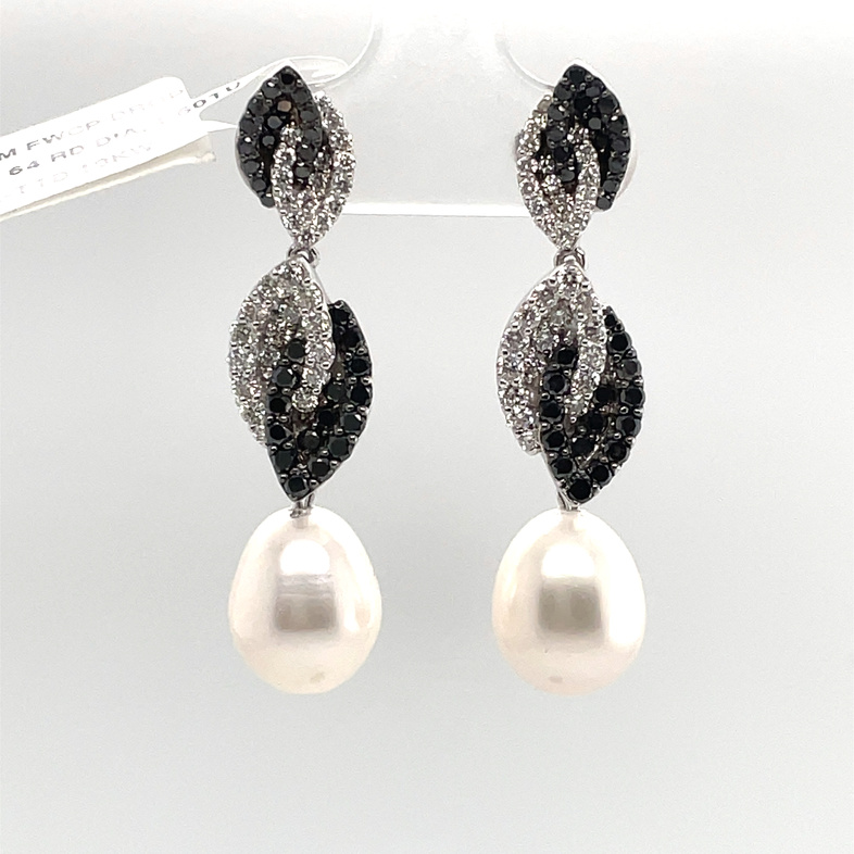 YVEL 1.60TDW 12X14MM FRESHWATER CULTURED PEARL DROP EARRINGS WITH BLACK & WHITE LEAVES CONTAINING: 64 ROUND BLACK DIAMONDS; .80TDW; + 64 ROUND DIAMONDS; .80CTW; 18KW
