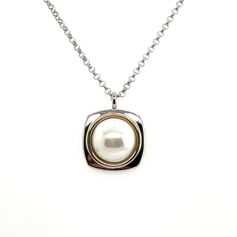 ELLE 10MM WHITE SHELL PENDANT/18+2 CHAIN; SILVER/GOLD PLATE CHAIN INCLUDED