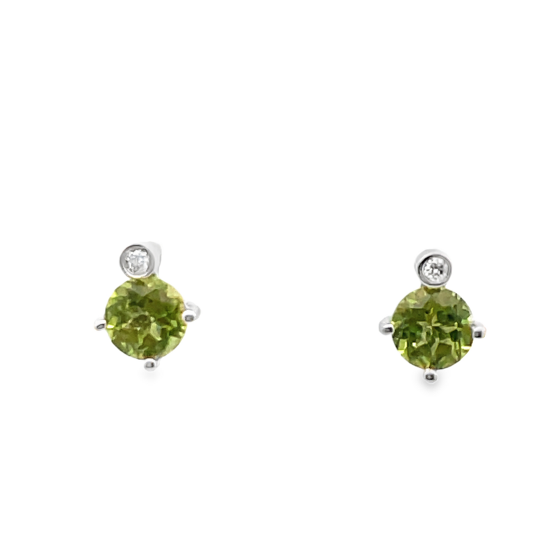 ELLE 5MM ROUND PERIDOT SOLITAIRE EARRINGS WITH 2 ROUND CREATED DIAMONDS; .02TDW; SILVER