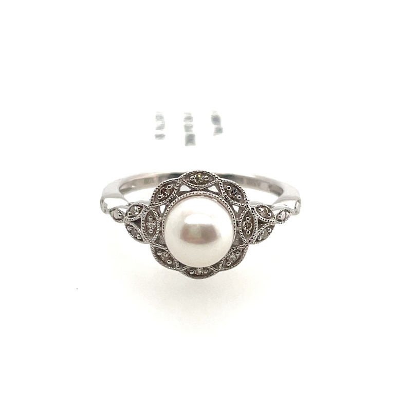 LDS 6;5MM PEARL & DIAMOND HALO RING CONTAINING: 6.5MM PEARL + 12 ROUND DIAMONDS; 0.05TDW; STERLING SILVER