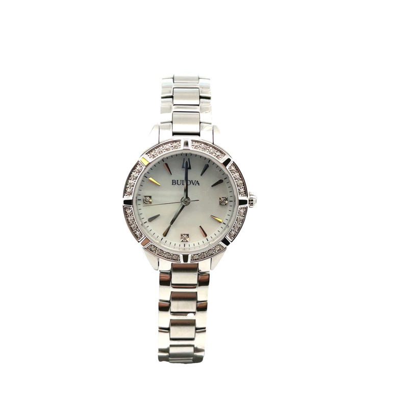 BULOVA SUTTON 28MM ROUND WHITE MOTHER OF PEARL 3 ROUND DIAMOND DIAL; 16 ROUND DIAMOND BEZEL; LINK BRACELET; STAINLESS