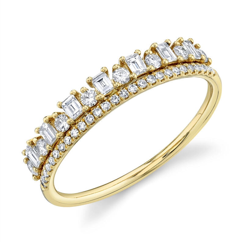 .44CTW 2-ROW DIAMOND BAND RING CONTAINING: 7 BAGUETTE PRONG-SET DIAMONDS + 35 ROUND PRONG-SET DIAMONDS; 14KY