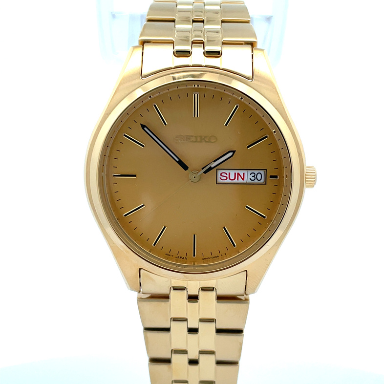 SEIKO 36.9MM CHAMPAGNE DAY/DATE DIAL; LINK BRACELET; GOLD-TONE STAINLESS