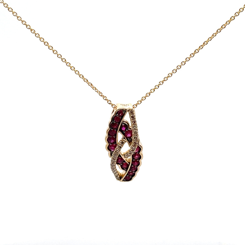 LE VIAN .43TGW RUBY AND DIAMOND CROSSOVER SLIDER PENDANT/CHAIN CONTAINING: 16 ROUND RUBIES; .33CTW; + 22 ROUND DIAMONDS; .10TDW; 14KY CHAIN INCLUDED