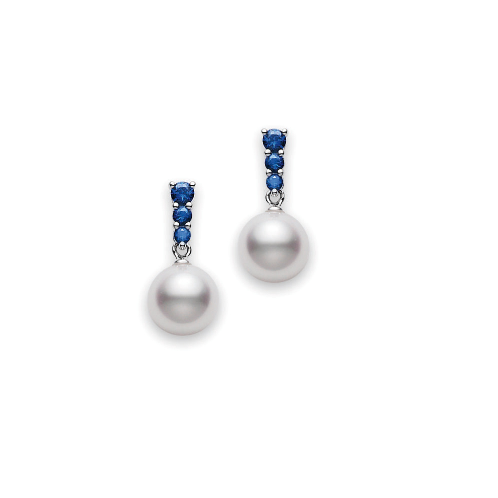 Mikimoto 18K White Gold Morning Dew Blue Sapphire Akoya Cultured Pearl Earrings
